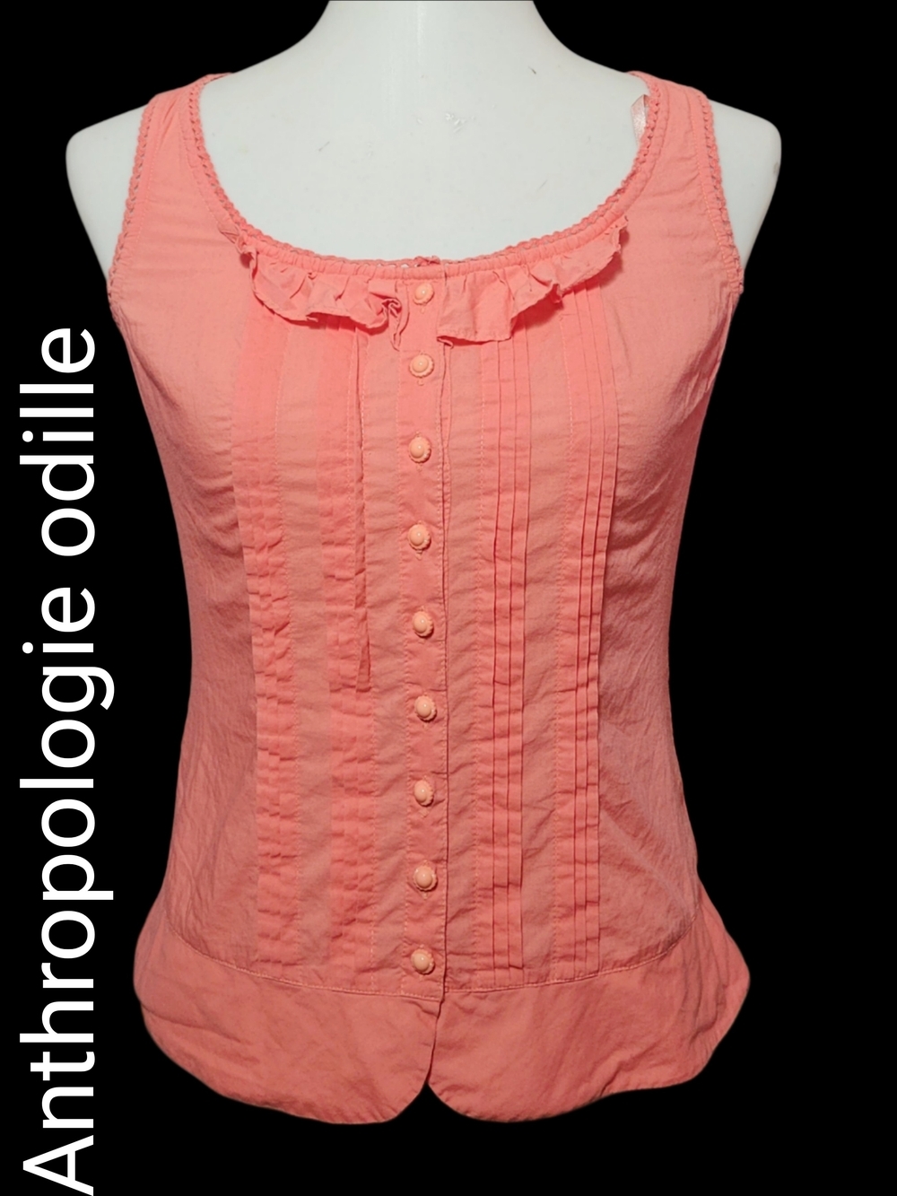 Anthropologie Odille Reteo Coral Pink Ruffled Unique Button-Front Tank  Blouse